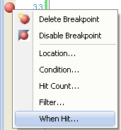 Tracepoint menu en Visual Studio