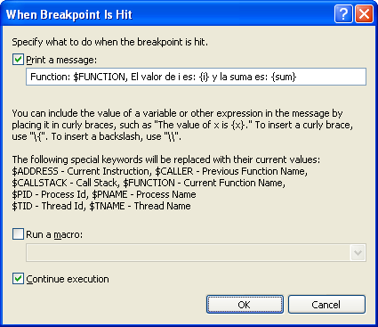 Ventana de Tracepoint - When breakpoint is hit