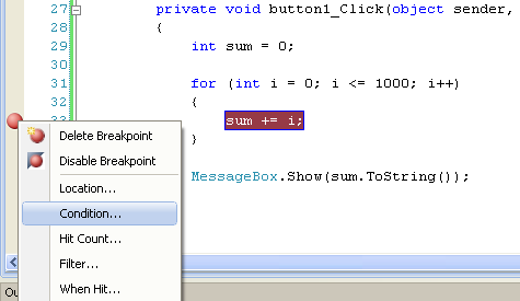 Visual Studio Menu de opciones para breakpoints