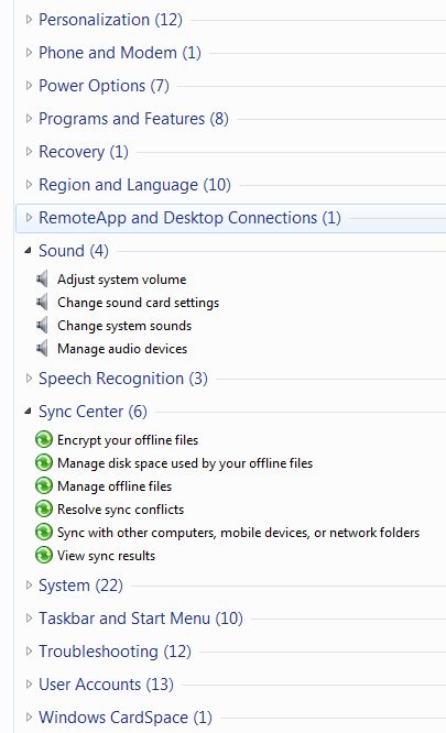 Algunas configuraciones disponibles en el God Mode en Windows 7